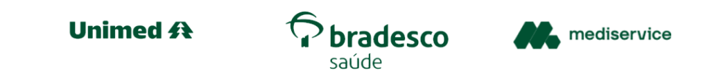 Logotipos dos convênios Unimed, Bradesco Saúde e Mediservice atendidos pela Ritmo MD.